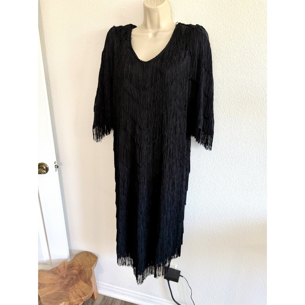 Vintage 80s Fully Fringe Dress Black Sz XL Flapper Knee Length Art Deco Cocktail - Picture 2 of 7